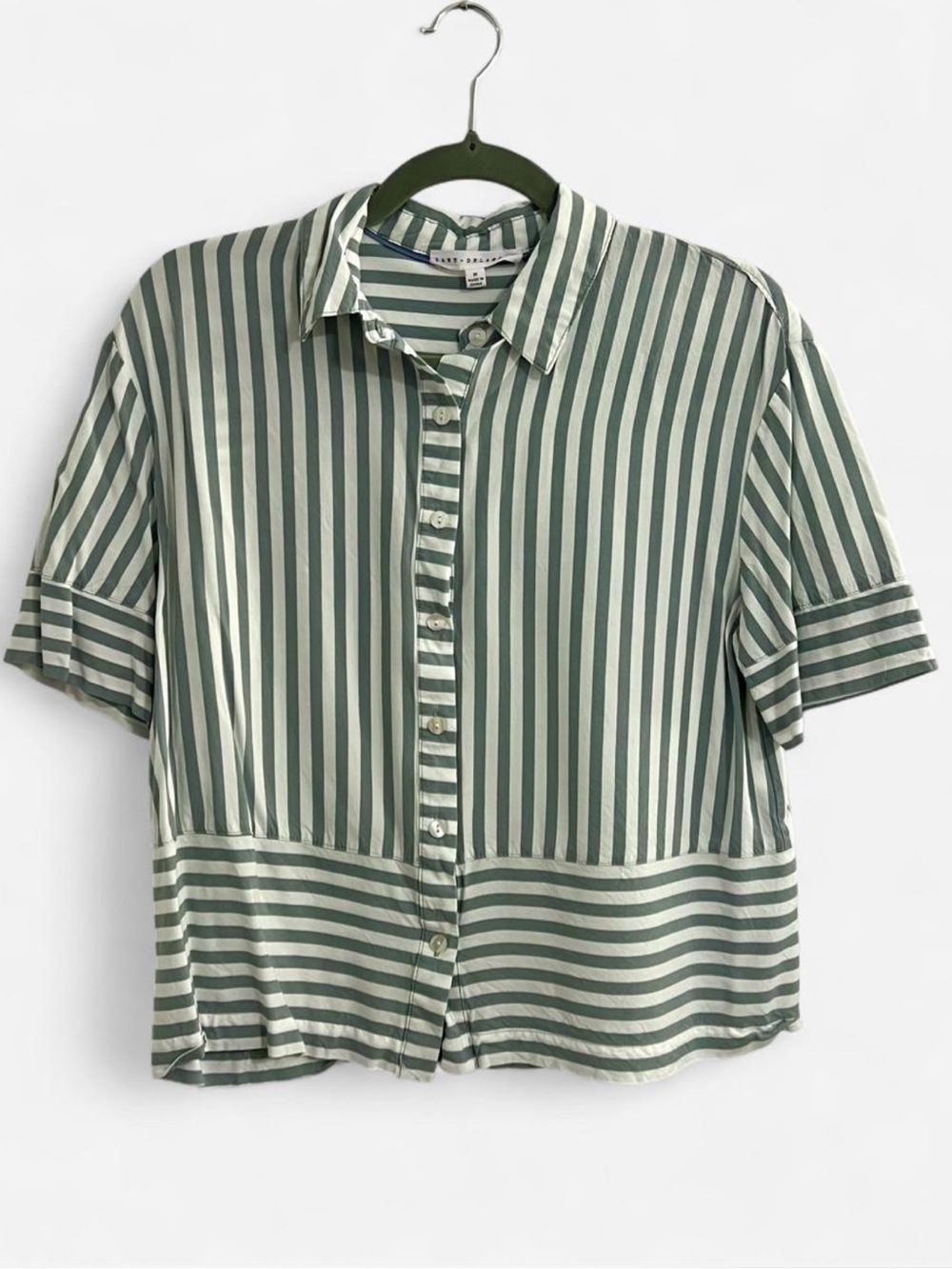 Jane and Delancey Relaxed Fit Green + White Striped Short Sleeve Button Down